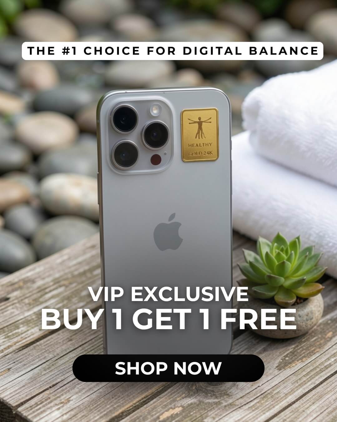 Smartphone with a gold sticker on a wooden surface with pebbles and a towel in the background, promotional text overlay.